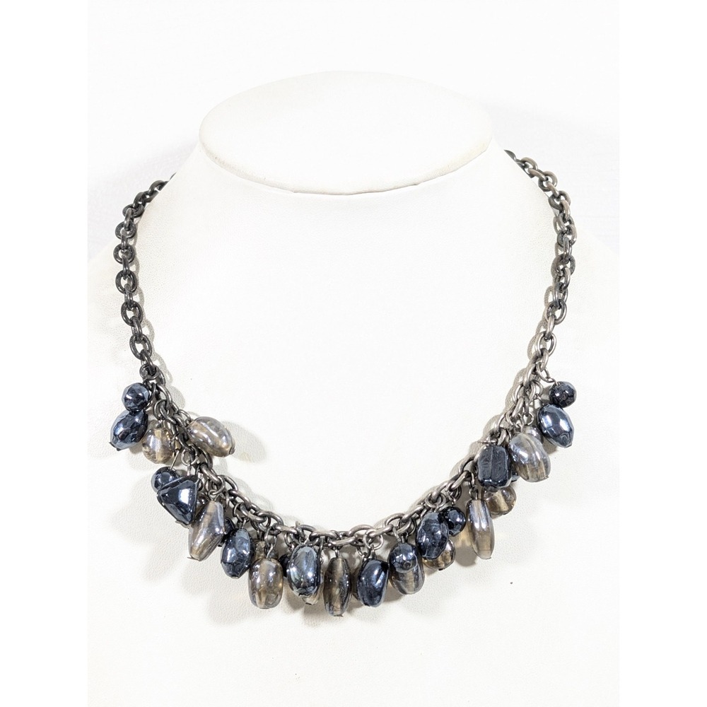 Gray Glass Cluster Statement Necklace Silver Tone Chunky Edgy Gothic 19 in